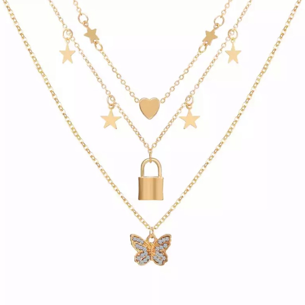 Trendy Layered Butterfly & Stars Necklace - Gold
